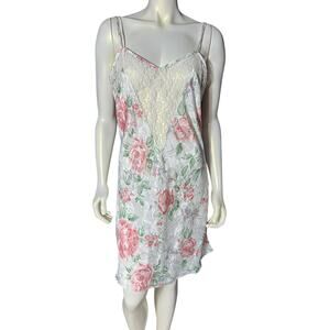 Sedu Large Floral Sleepwear Slip Nightgown White Pink Roses Lace V-Neck